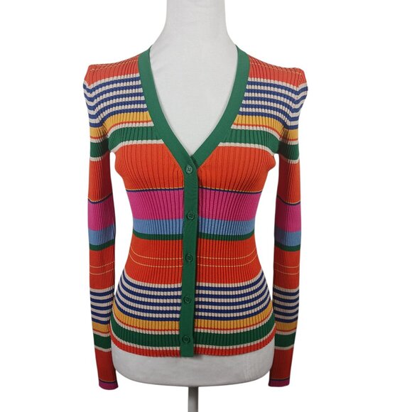 STAUD Sweaters - STAUD Cargo Cardigan, Ribbed Multi Color Stripes Stretch Knit, Size Small Fitted